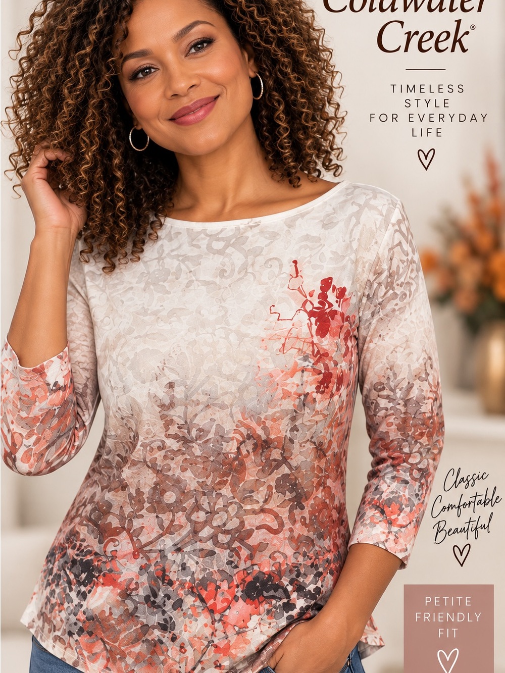 Coldwater Creek Ivory Floral Ombre 3/4 Sleeve Top with Rust Coral Accents Small